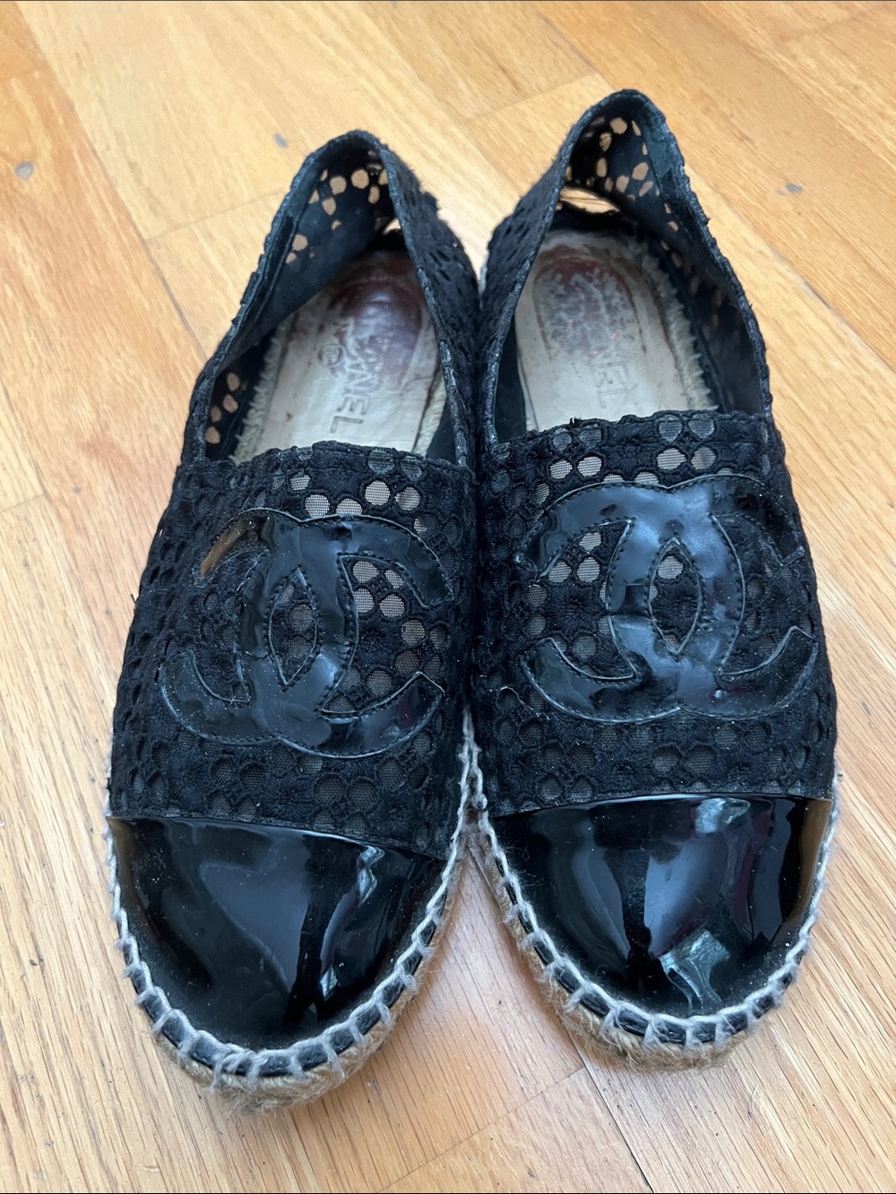 CHANEL Black Lace & Patent Toe Espadrilles